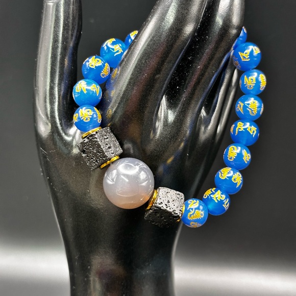 LIGH BLUE AGATE OM + CHALCEDONY NATURAL STONES BRACELET size7 - Picture 8 of 11